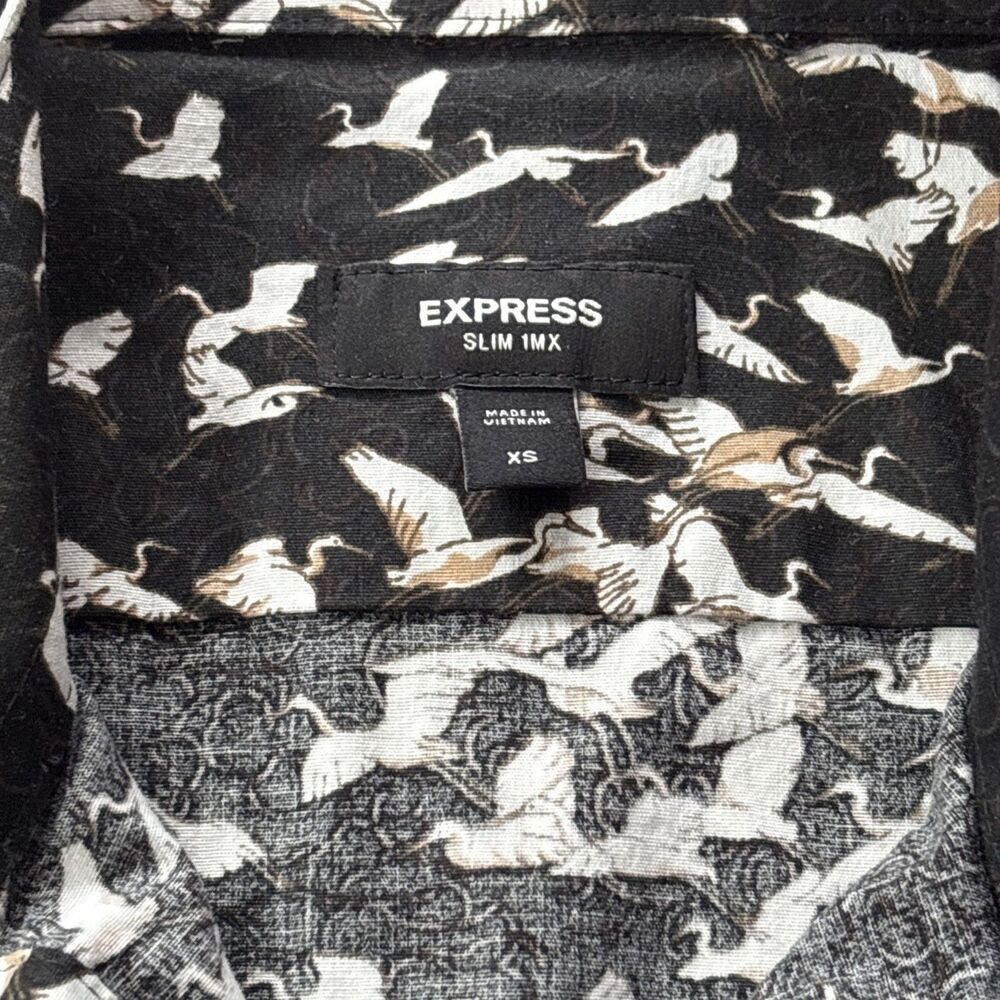Express Men’s Black & White Button-Down Shirt (XS) • Birds Pattern • Vintage EUC - Picture 2 of 5